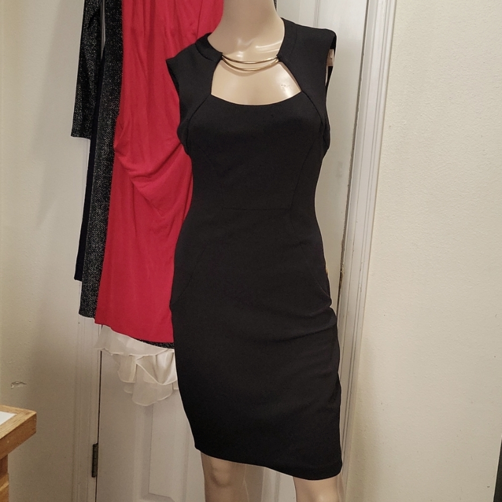 EUC Bisou Bisou Black Textured Bodycon Dress with Gold Toned Hardware